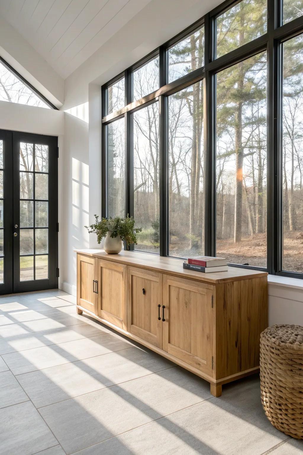 Low built-in storage under sunroom windows—warm wood, clean lines, and an open view.