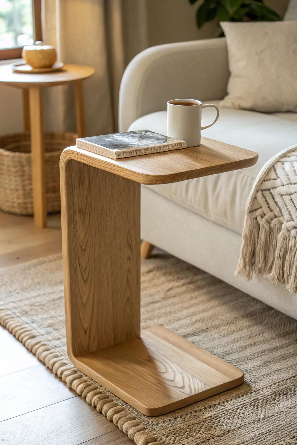 A petite oak C-table adds a cozy landing spot without stealing precious floor space.