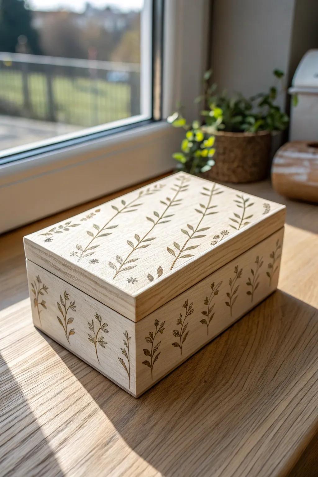 Tone-on-tone botanical stenciling turns a simple wooden box into a clean, modern keepsake.