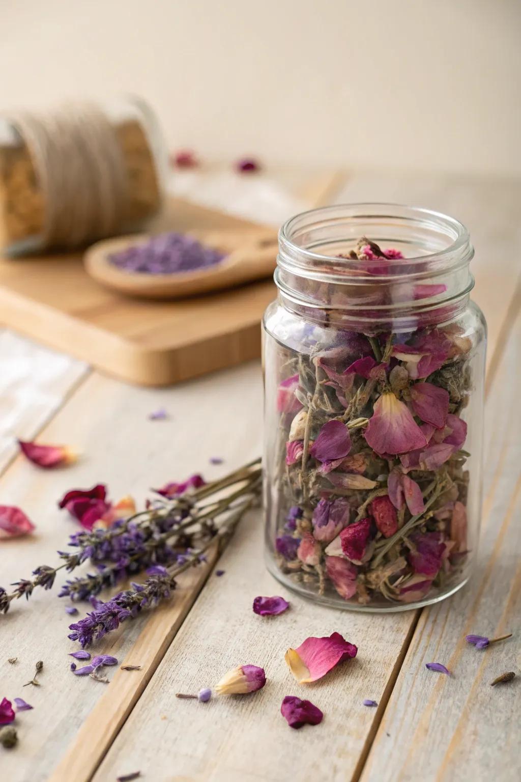 Embrace the essence of floral serenity with a jar of dried rose petals and lavender buds, perfect for adding a touch of natural beauty to your space.