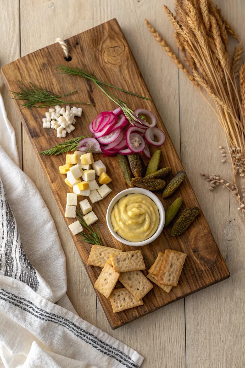 Pickle-lover’s snack board on reclaimed wood—crunchy, zesty, and packed with color.