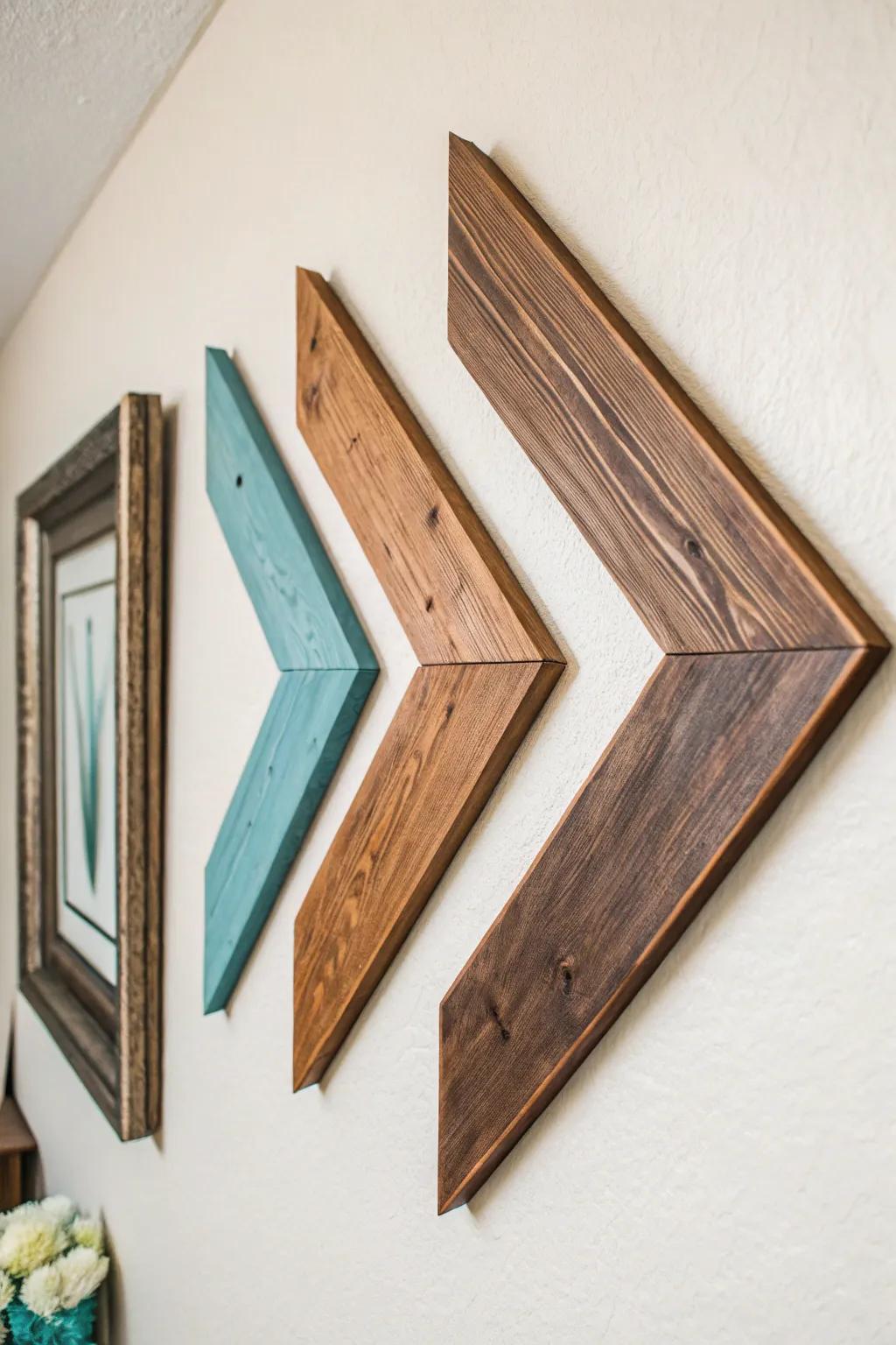 Reclaimed wood arrows in warm browns and dusty teal—Southwest charm, minimalist calm.