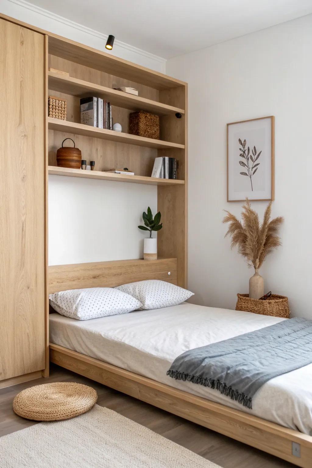 Horizontal wall bed in light oak with airy shelves—smart storage for narrow rooms.