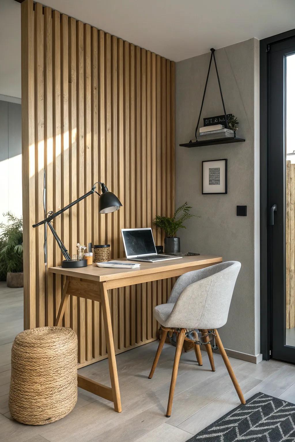 Speakeasy-quiet office vibe: oak slat acoustic wall with felt for a sleek, hushed backdrop.