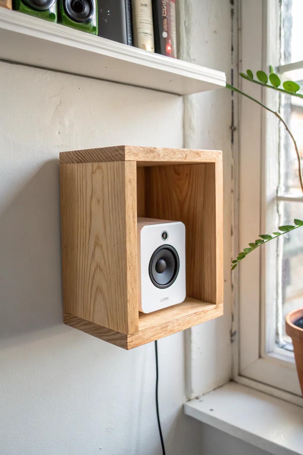 A snug plywood wall cubby turns a small speaker into a clean, curated display—cords hidden.