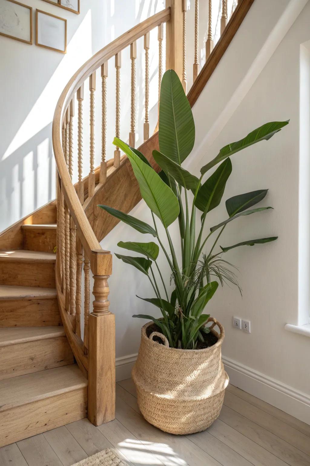 Let one tall statement plant echo your spiral stair’s height and highlight the woodwork.