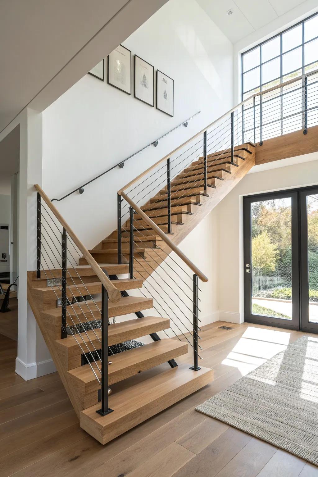 Cable railing keeps a split staircase light and open—warm oak, clean lines, maximum view.