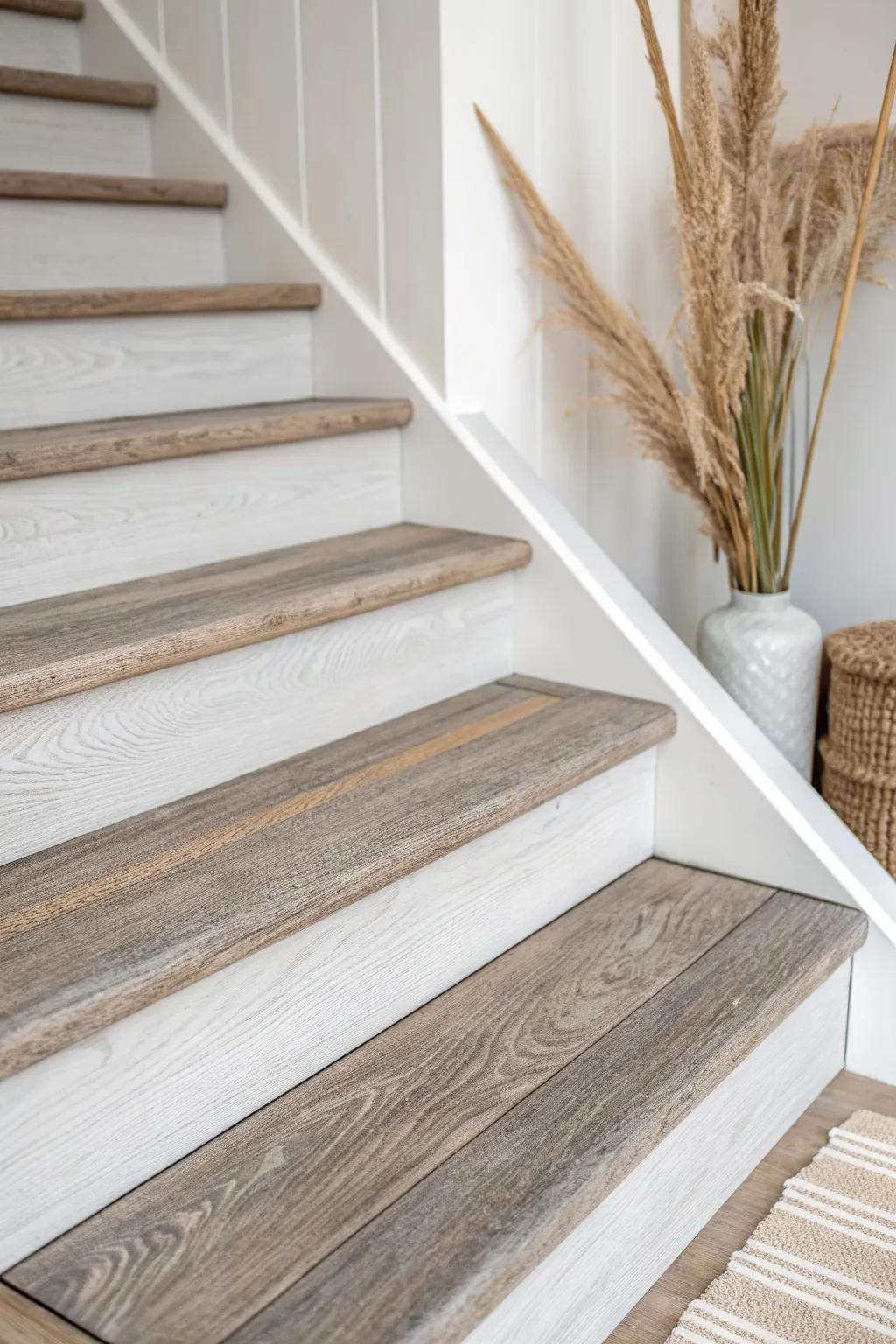 Gray-wash stained stairs for a driftwood look that blends beautifully with soft whites.