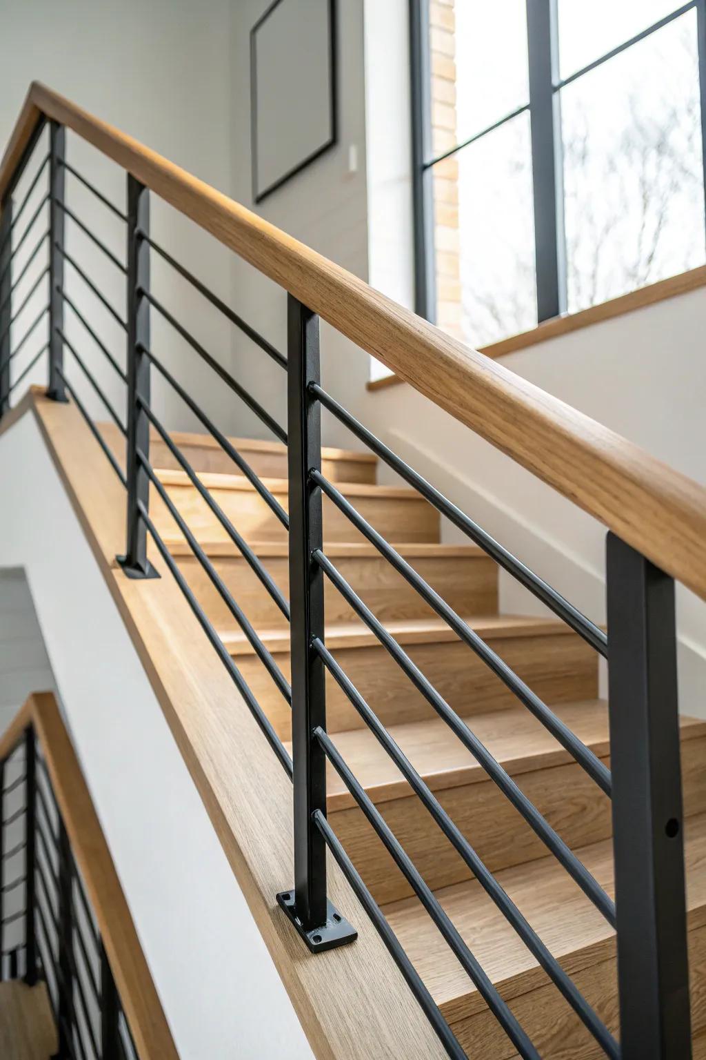 Sleek horizontal metal bars with a light oak cap rail—modern, airy, and architectural.