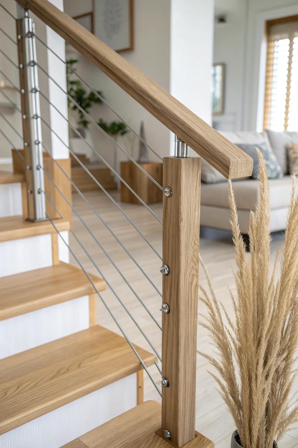 Airy cable lines + a warm oak cap rail—modern, minimal, and beautifully crafted.