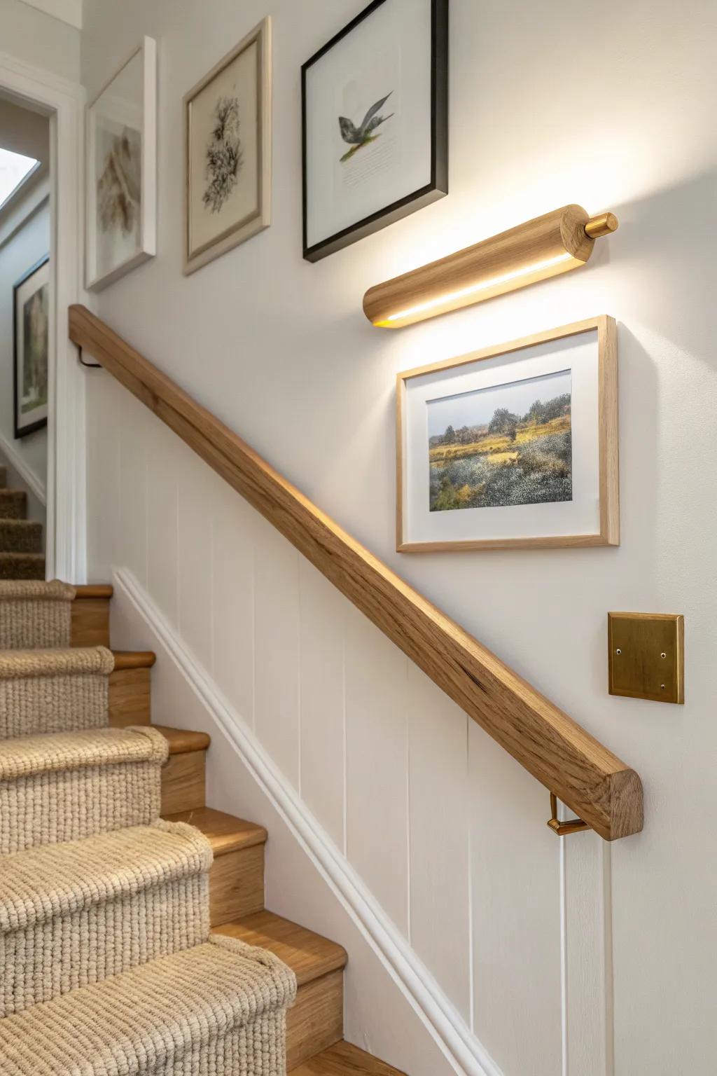 A warm oak picture light makes your stair landing gallery wall feel curated and calm.