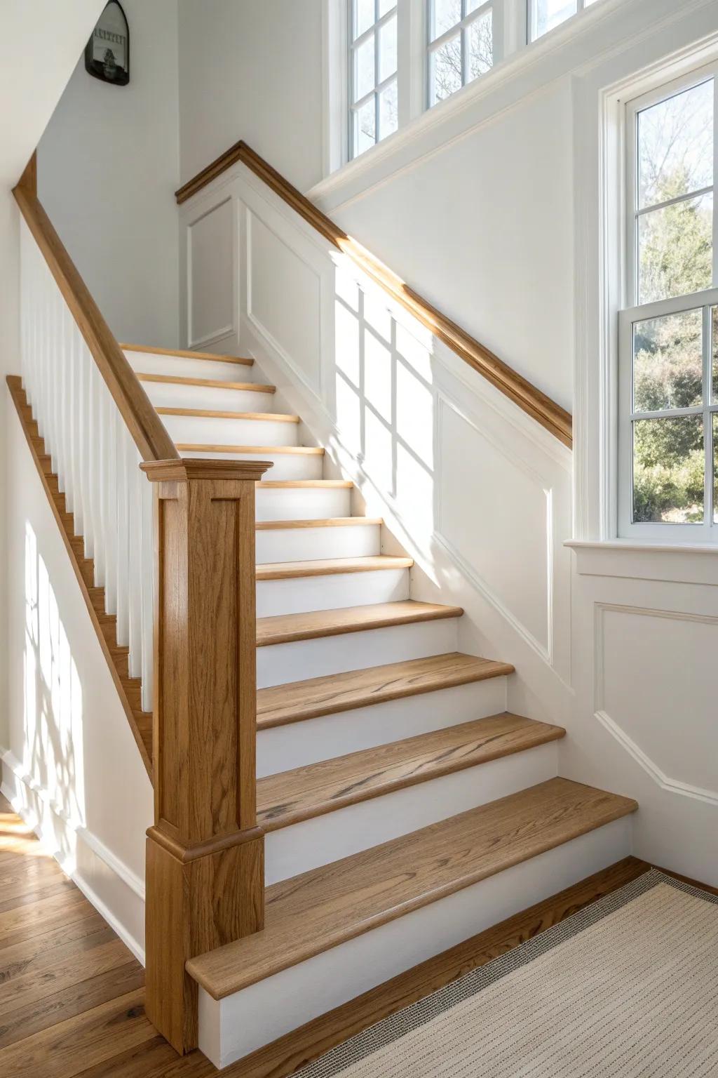 A diagonal chair rail that mirrors the stair angle—simple trim detail, instantly more balanced.