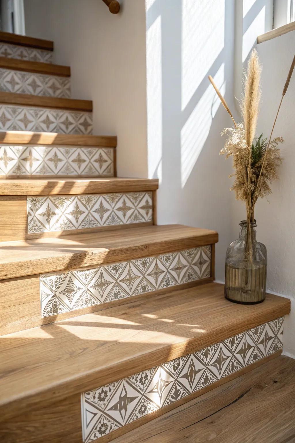 Geometric stencil risers on bare wood—tile-look style with a sleek, Scandinavian finish.
