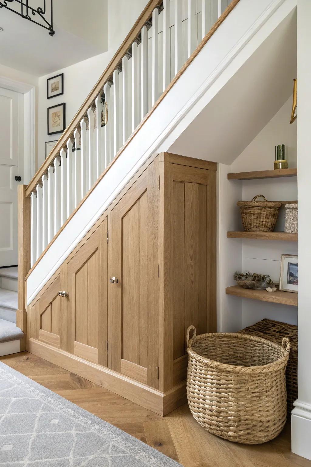 Seamless under-stair cabinets with shaker doors—clean, built-in storage that blends beautifully.