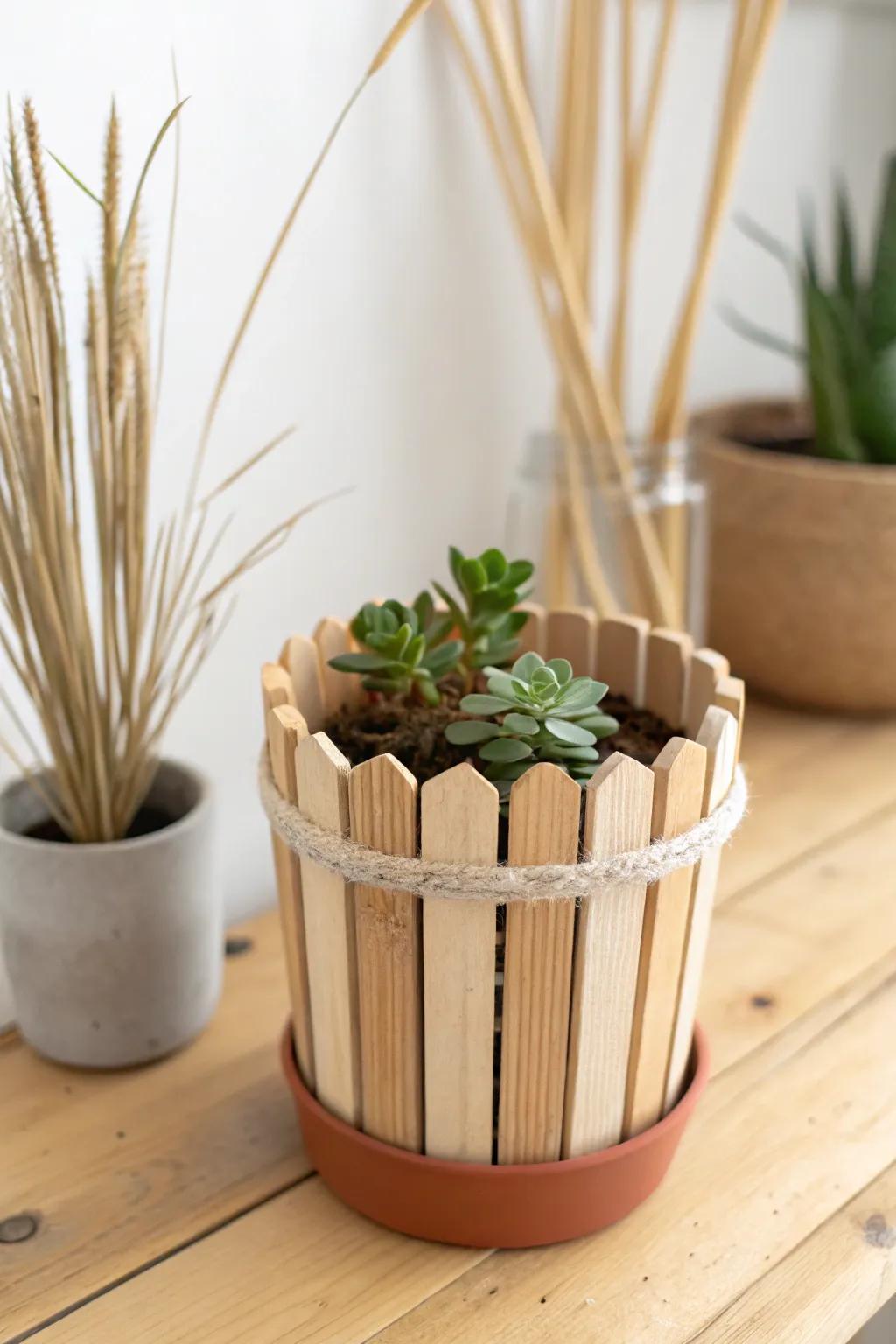 Turn a cheap nursery pot into a chic popsicle stick planter sleeve in minutes.