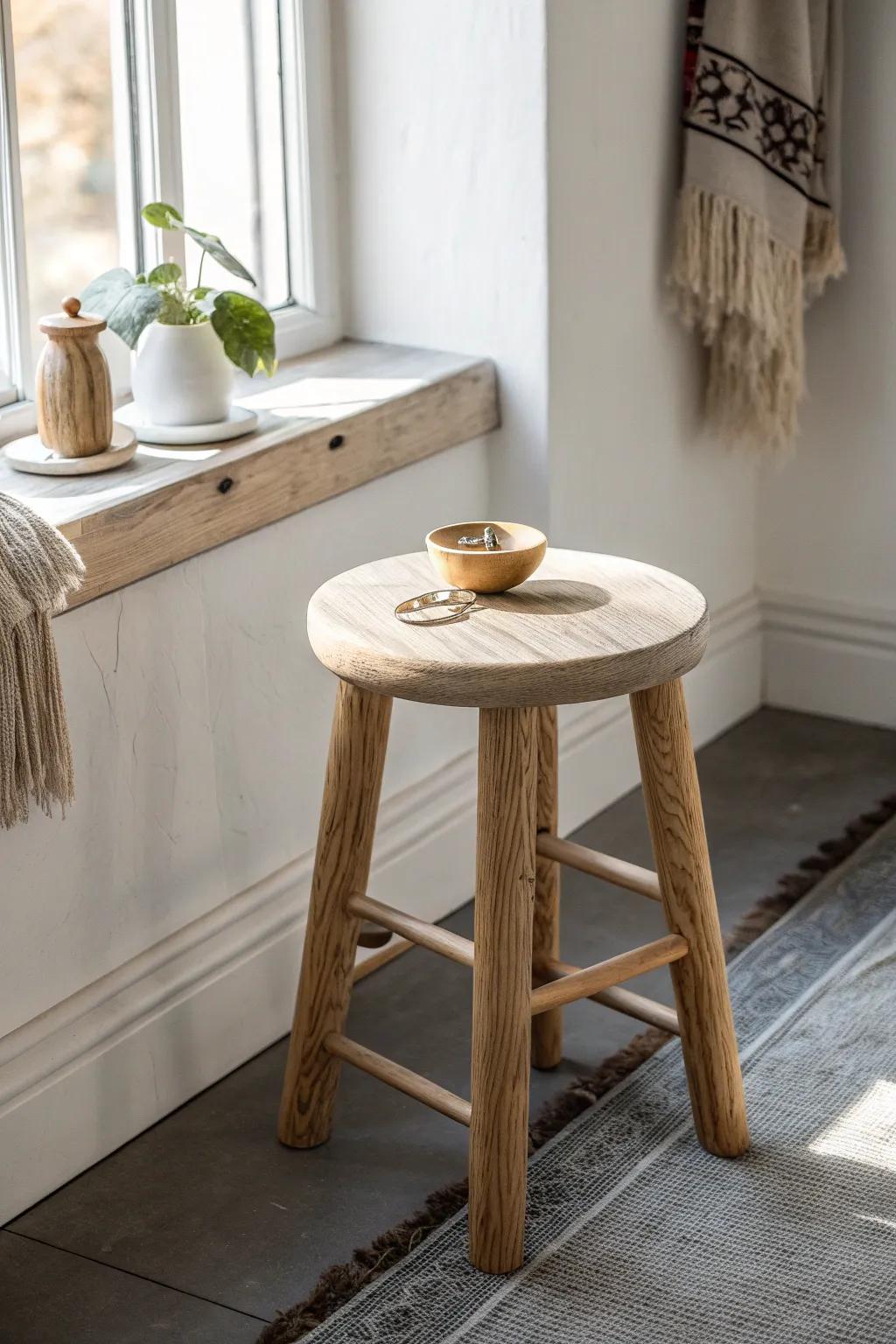 A wooden stool by the door—cute, minimal, and perfect for keys, bags, and boot time.