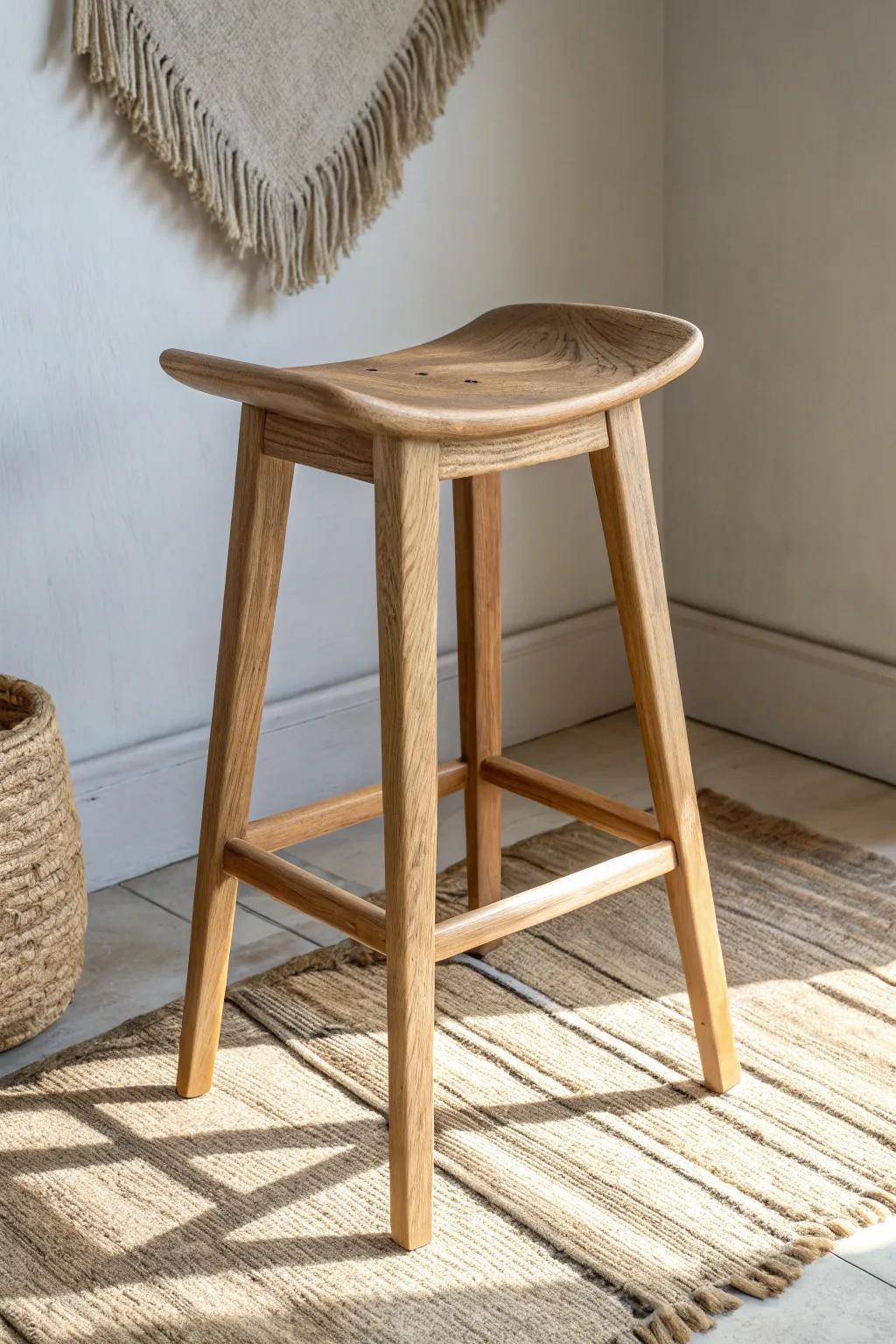 Sleek saddle-seat bar stool—carved comfort, clean lines, and warm natural oak grain.