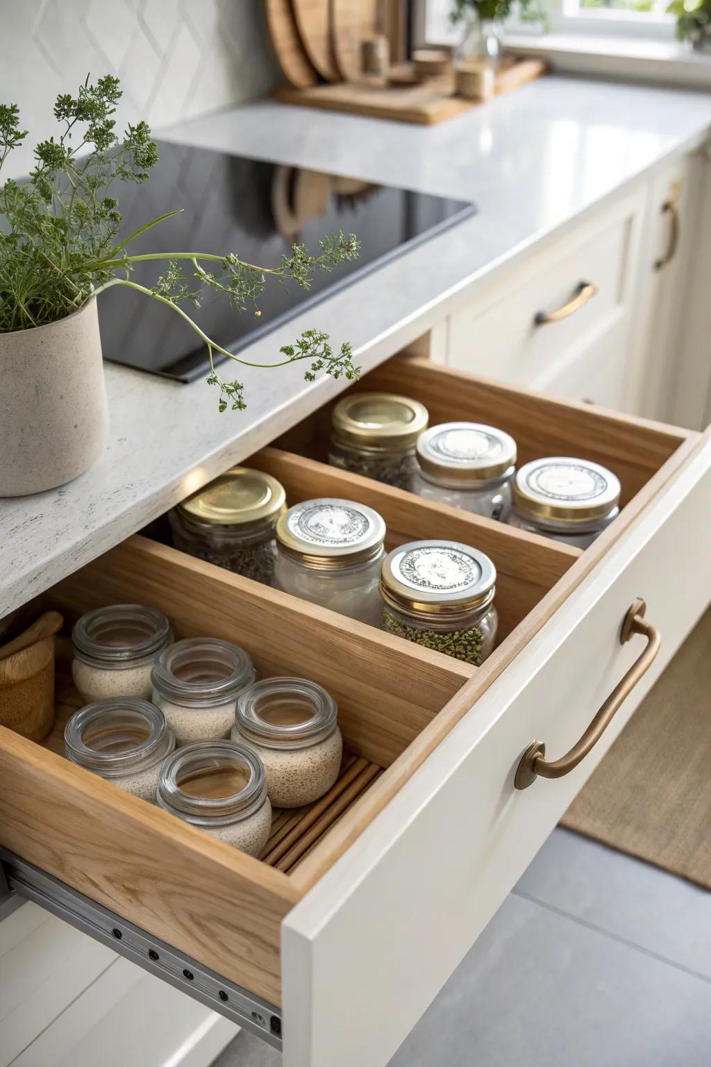 Elevate your storage game with custom drawer inserts for mason jars—where functionality meets minimalist beauty.