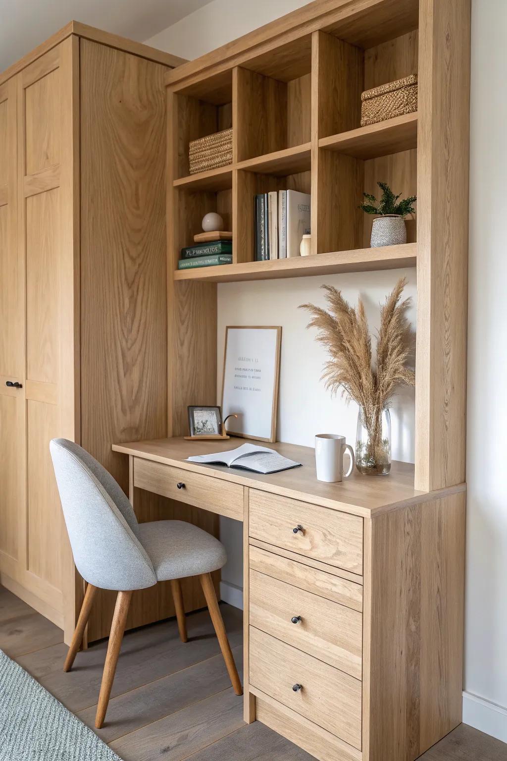 Turn an awkward alcove into a light-oak built-in study nook—clean, cozy, and clutter-hiding.