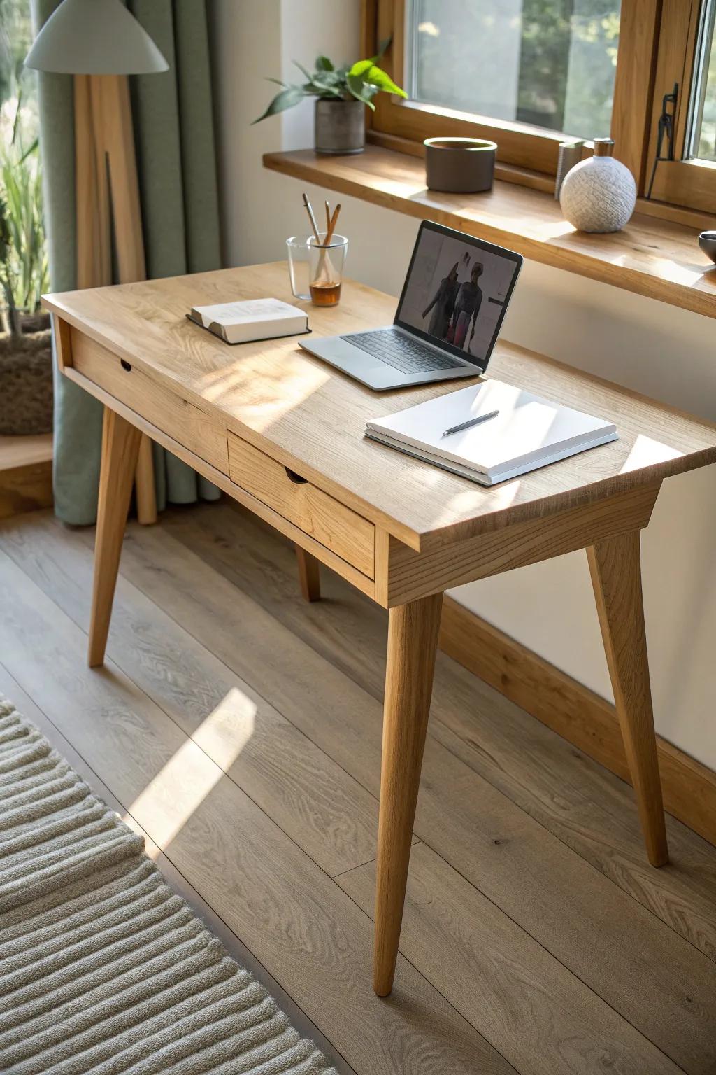 L-shaped oak study table: two work zones in one, clean lines, warm light, crafted to last.