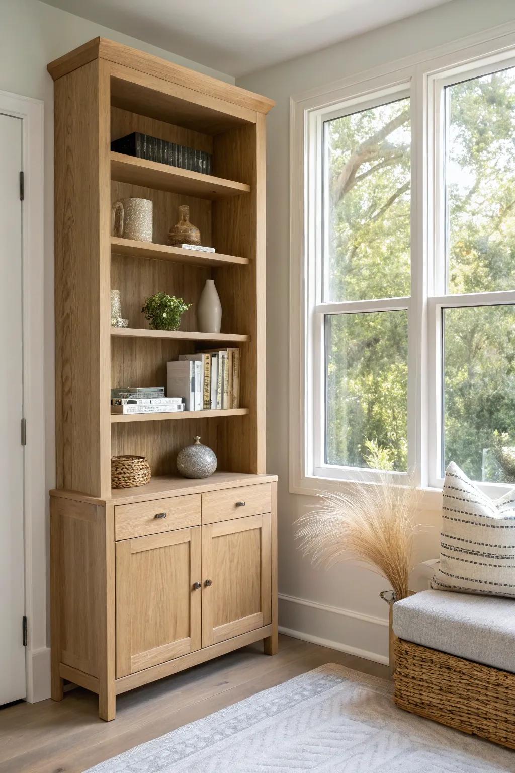 Slim oak built-ins turn narrow window walls into calm, beautiful storage in a bright sunroom.