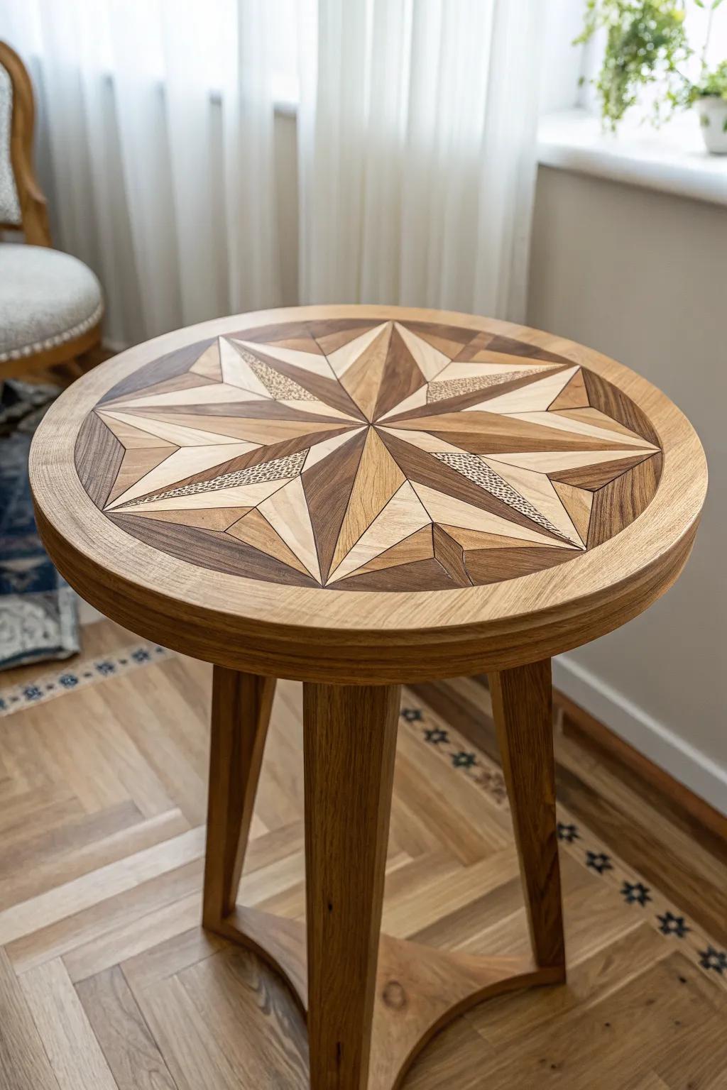 Compass rose starburst inlay—clean geometry and warm wood contrast for a timeless tabletop.