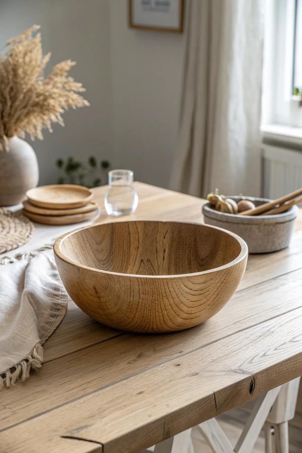 One chunky wood bowl as a statement centerpiece—simple, warm, and perfectly curated.
