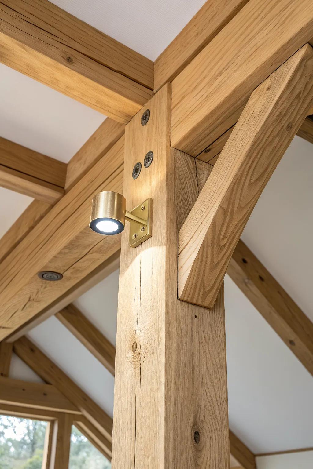 A warm spotlight grazing mortise-and-tenon joinery makes every chamfer and peg glow.
