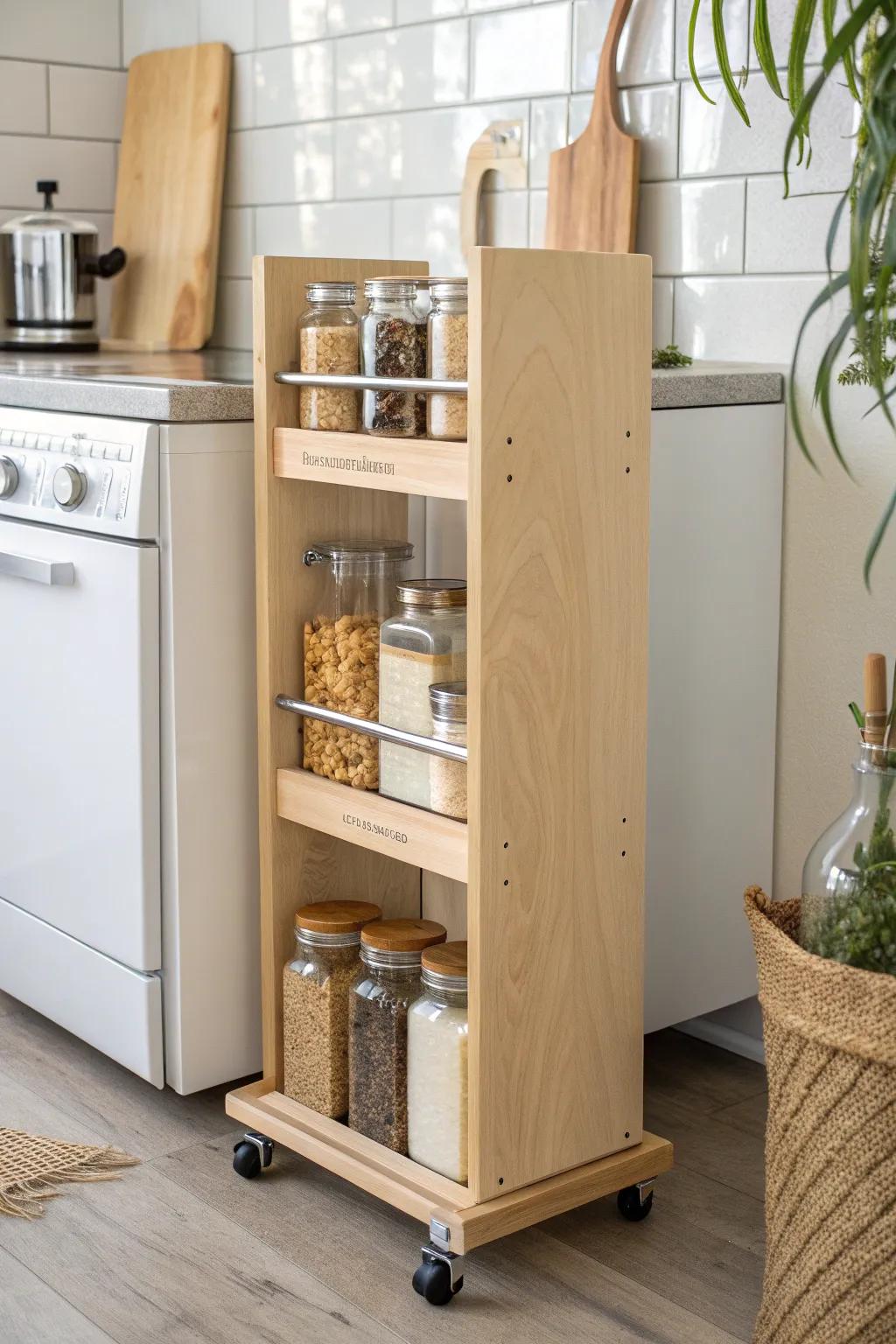 Slim birch roll-out pantry that turns an awkward kitchen gap into tidy tiny-home storage.