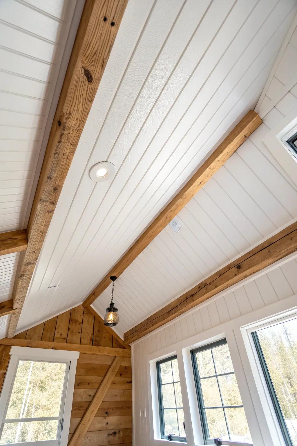 White beadboard ceiling + warm wood beams: quick cottage charm for tiny house lofts.