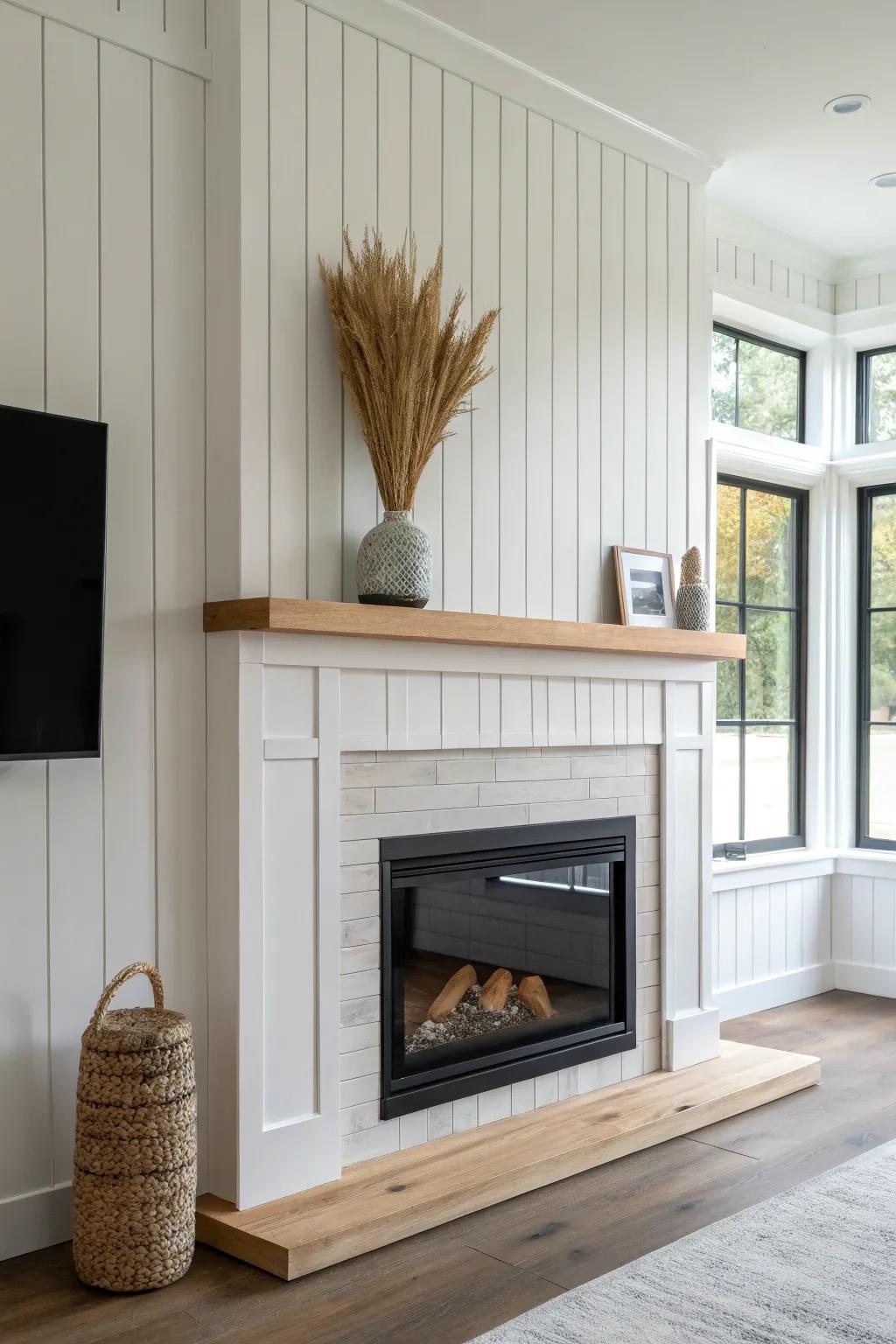 Clean-line fireplace framed in tongue-and-groove panels—quiet texture, custom-crafted detail.