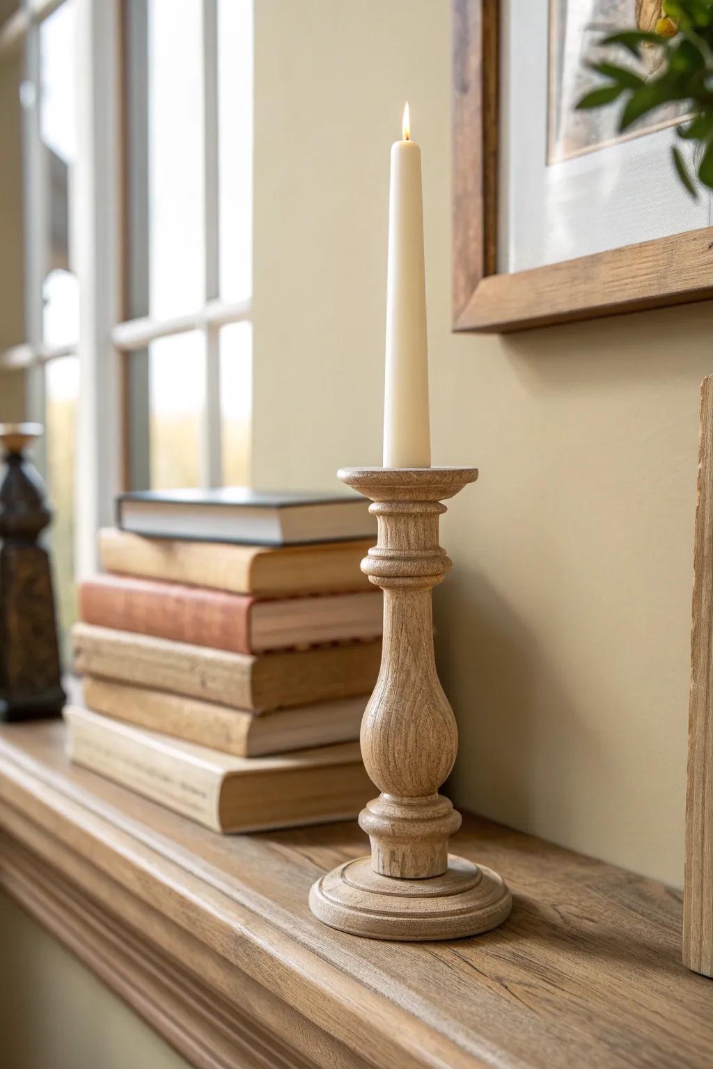 Traditional mantel layering: one statement candlestick with books for calm, balanced symmetry.