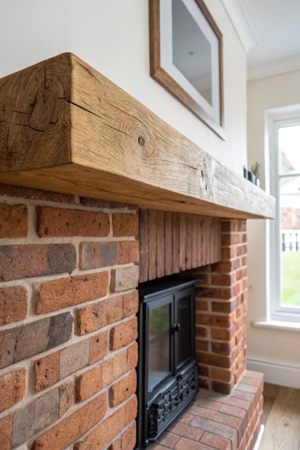 Chunky reclaimed wood beam on warm brick—classic mantel contrast with rustic character.