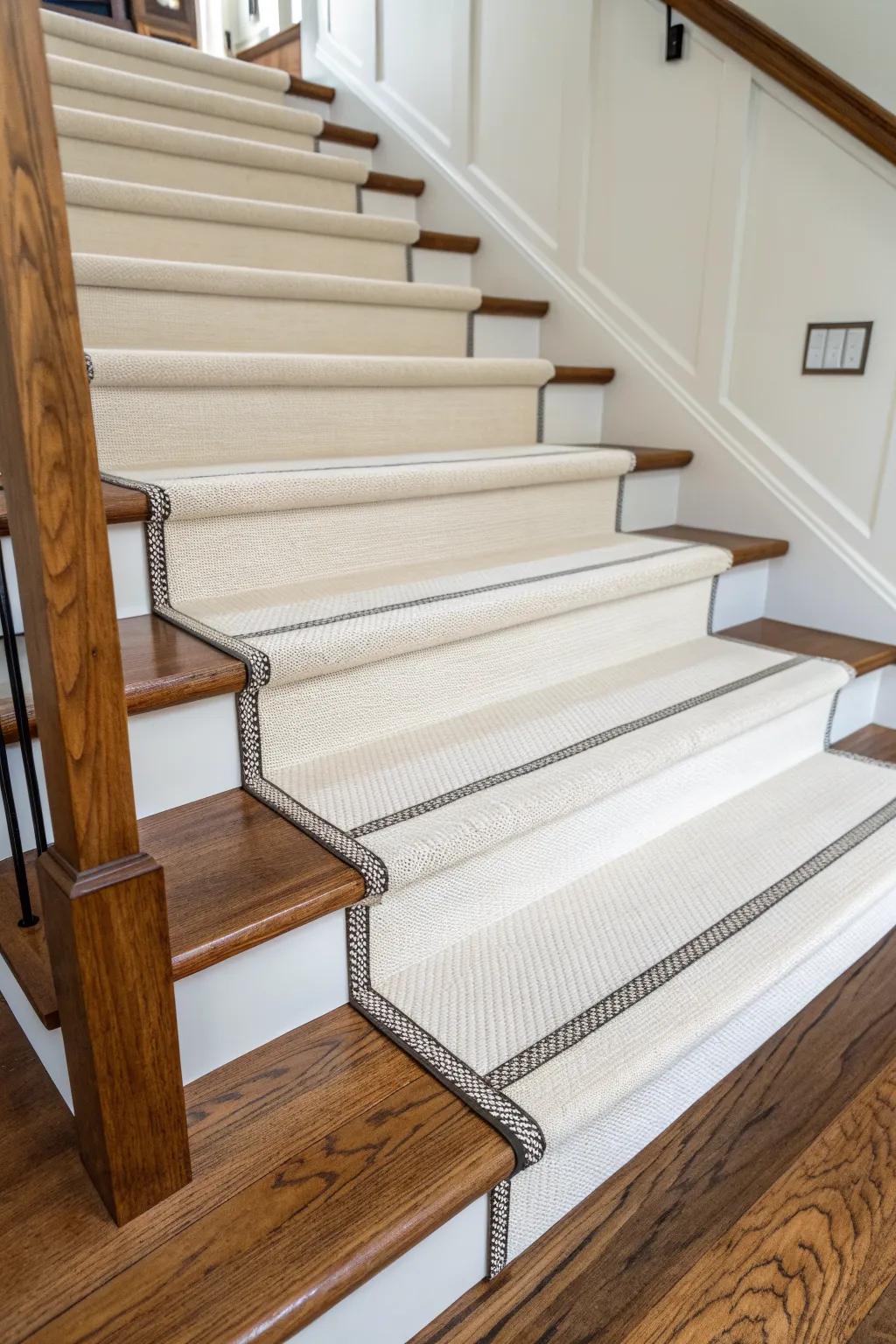 A centered ivory stair runner with a crisp border makes stained treads feel tailored and cozy.