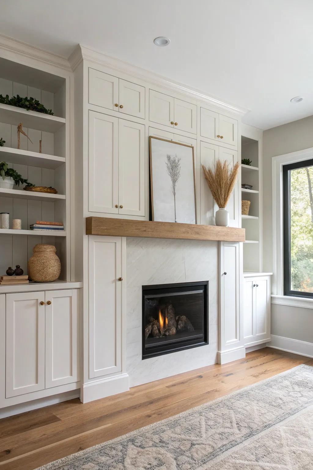 Simple Shaker built-ins flanking a black fireplace add instant balance and a finished look.