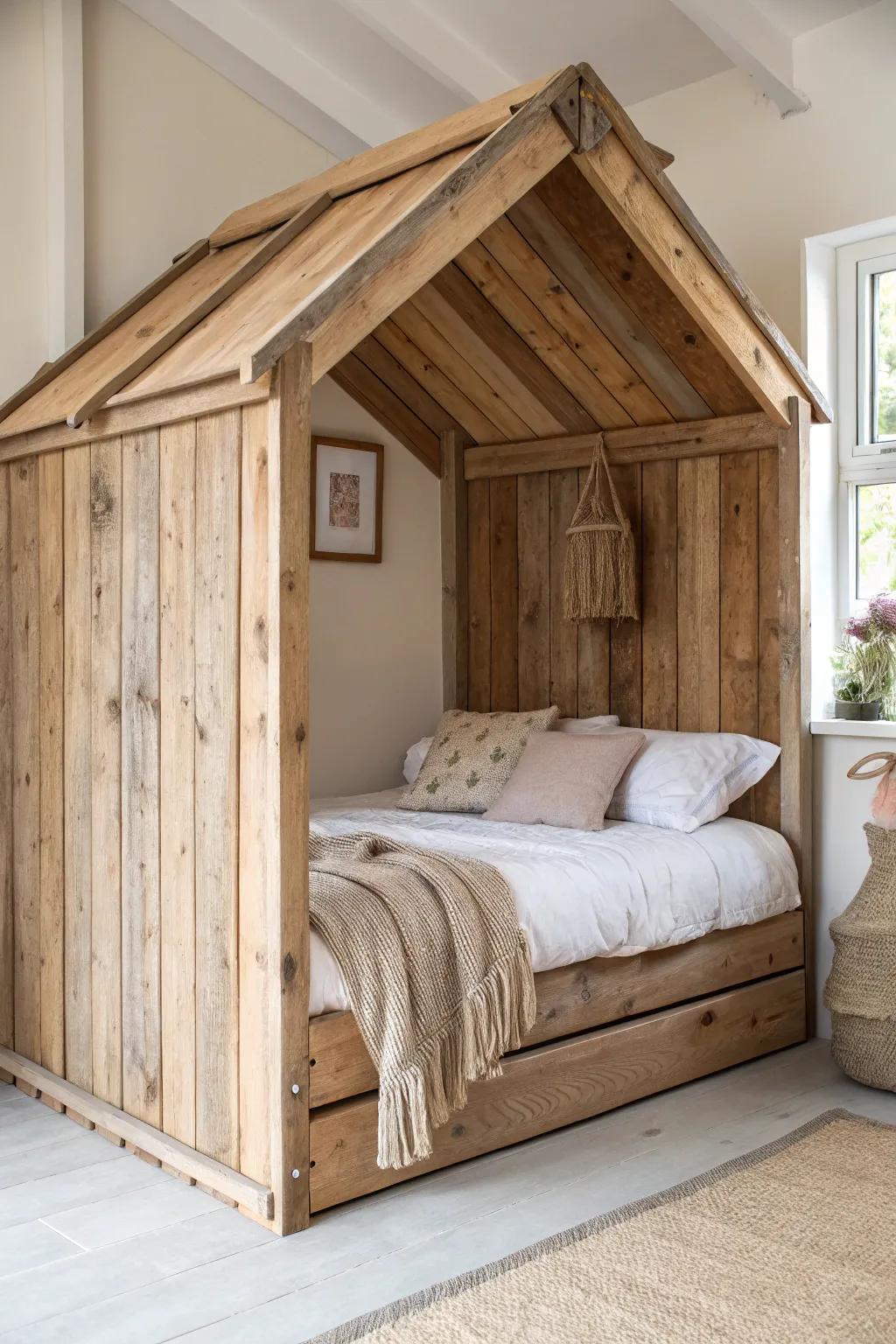 Rustic roofline canopy above the bed creates a quiet, Scandinavian treehouse-bedroom vibe.