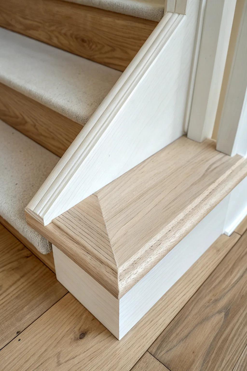 Crisp cap molding on shiplap brings calm structure and a brighter stairwell finish.
