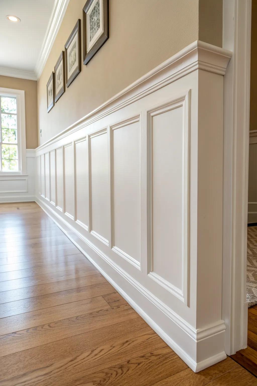 Timeless dining room wainscoting: clean rails, crisp paint, warm wood glow for cozy formality.