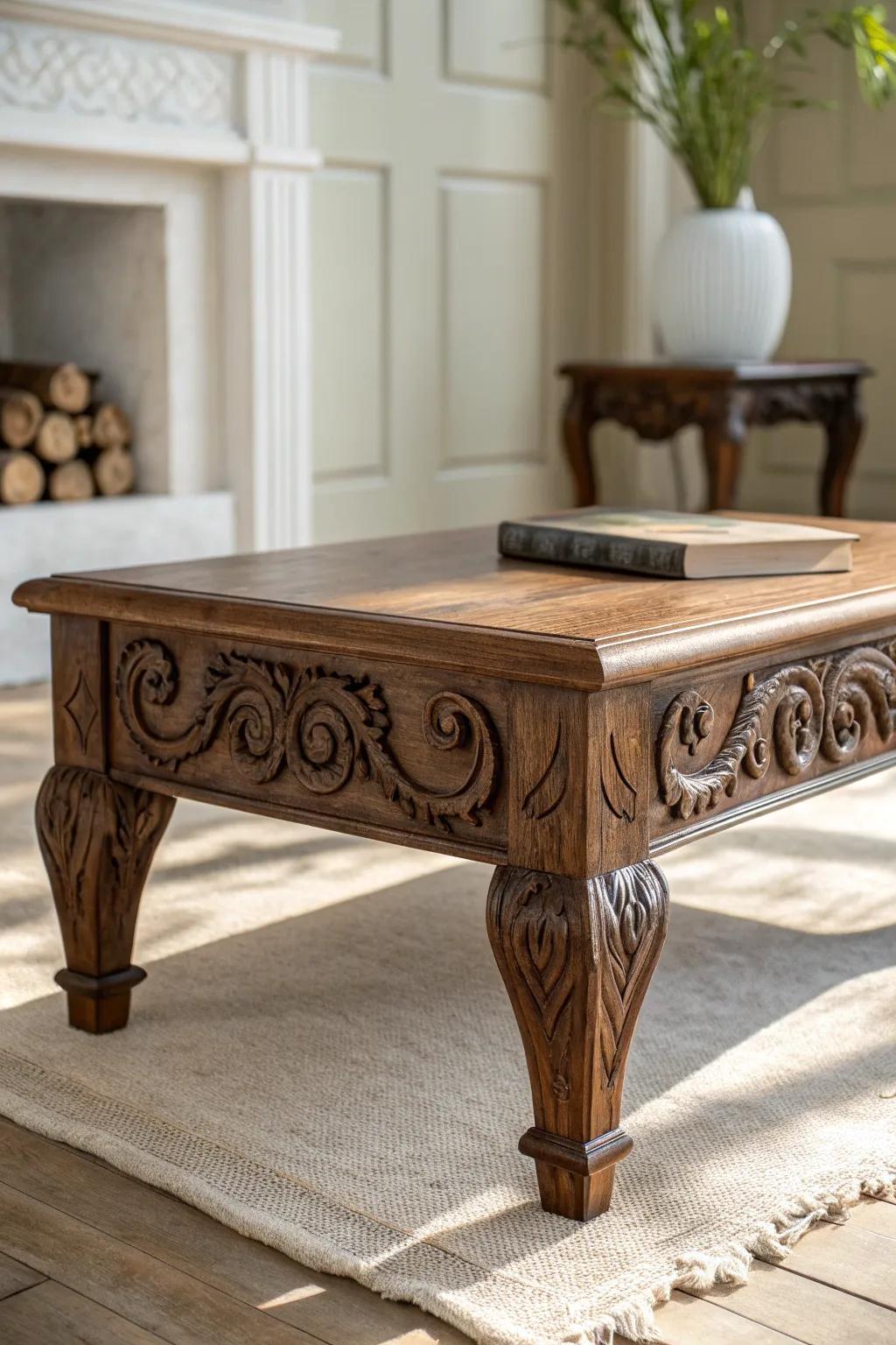 Chunky carved coffee table with a deep brown glaze—Tuscan warmth in a clean, airy room.