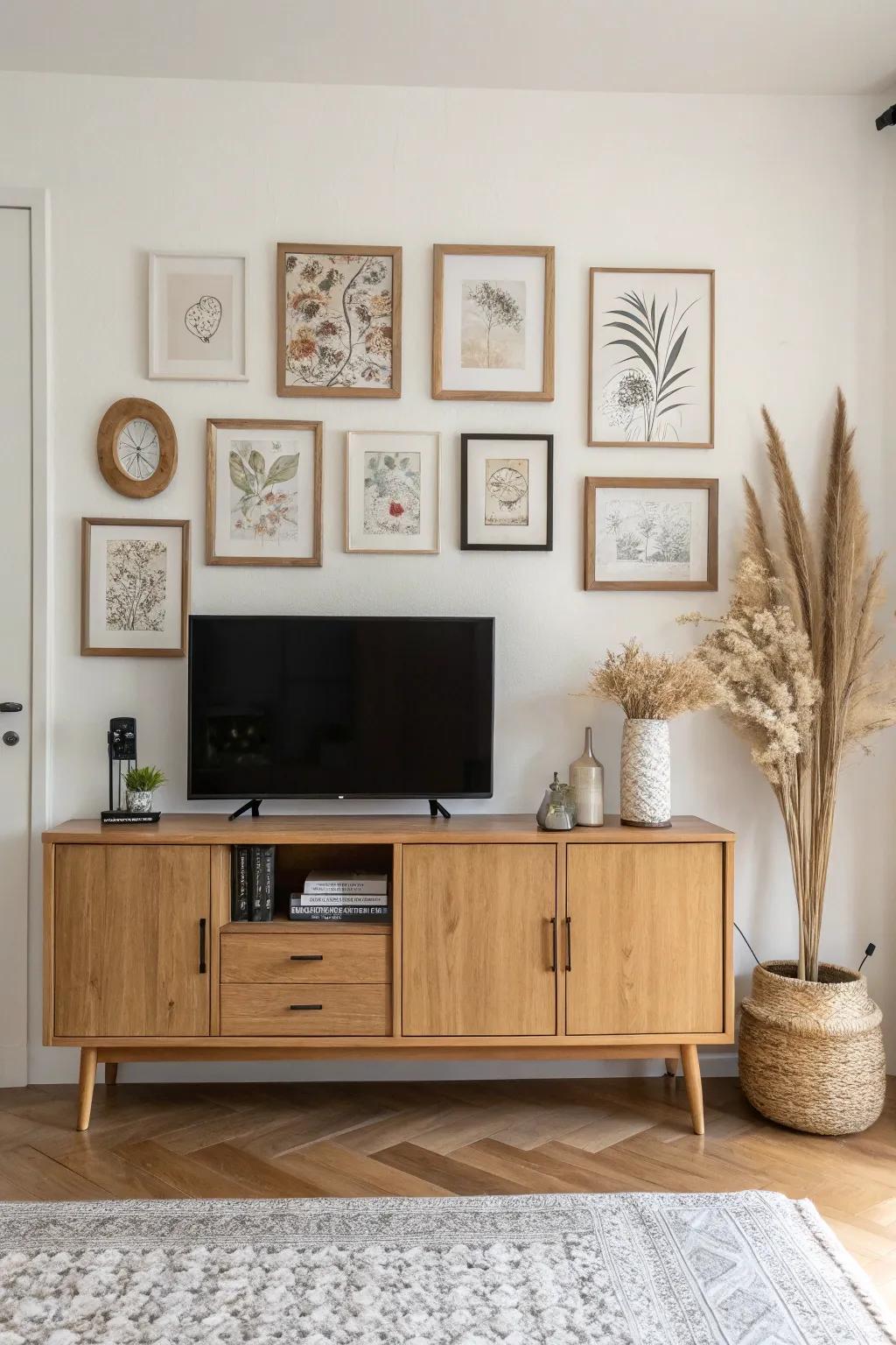Blend the TV into the decor with a soft gallery wall and warm wood frames over a sleek sideboard.