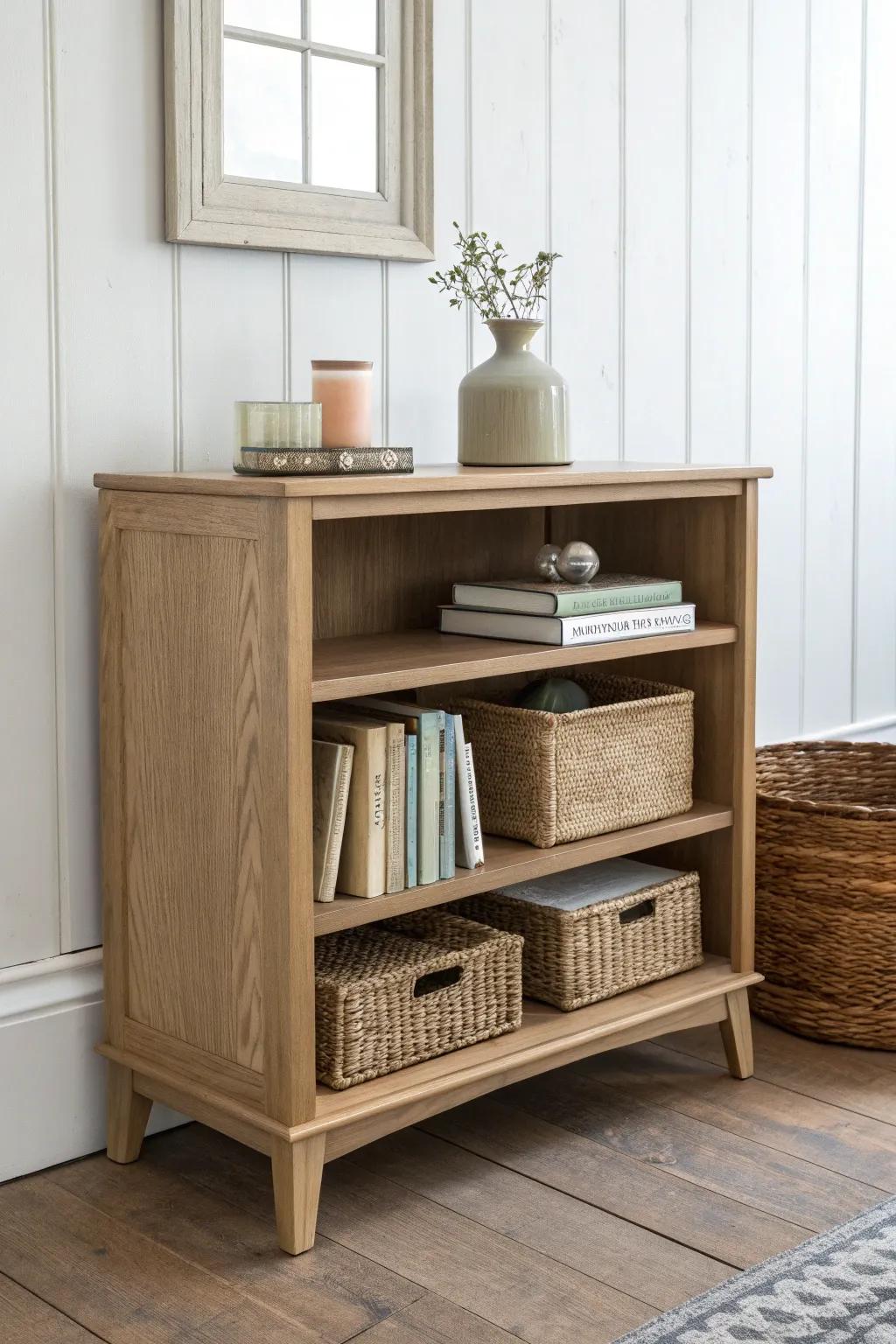 A low bookcase doubles as a media base—books + woven bins for a soft, layered look.
