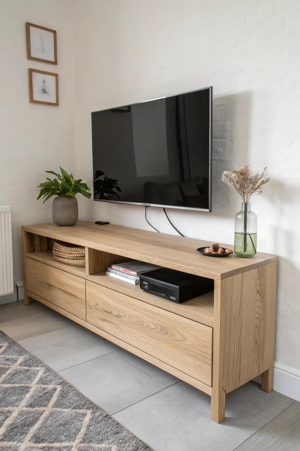 A wraparound corner TV unit in pale oak—clean lines, hidden cable chase, and smart storage.
