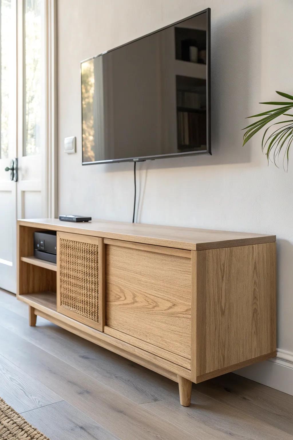 Floating oak TV cabinet with hidden wiring—clean, hotel-lobby look with warm Scandinavian calm.