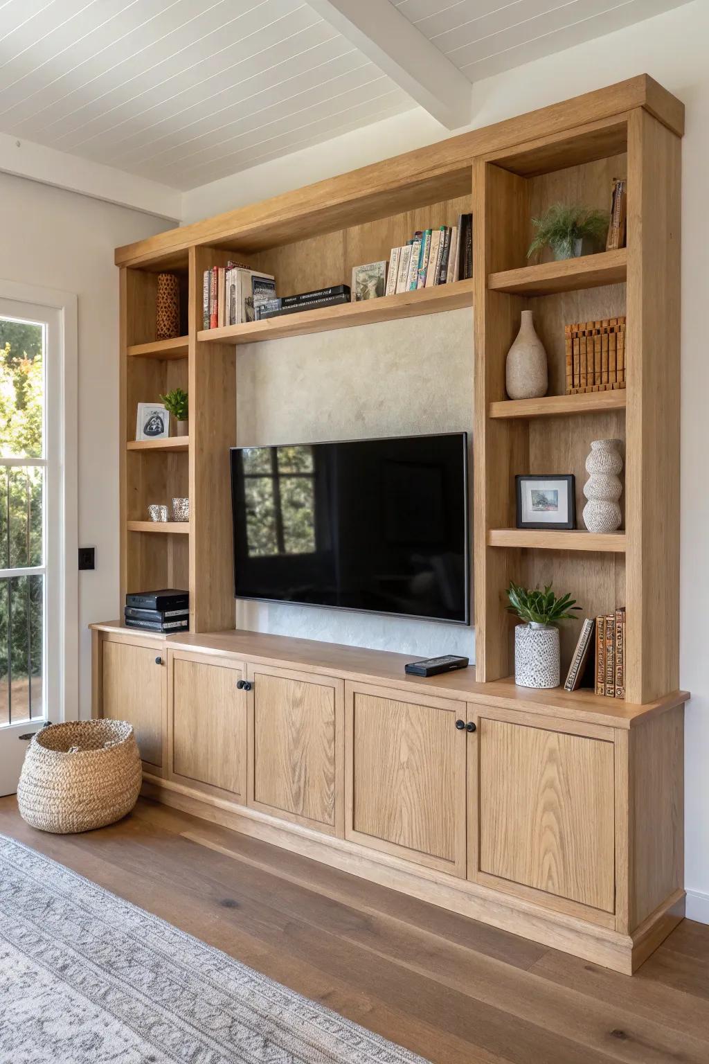 Library-style TV wall: airy oak shelves framing the screen for cozy Scandinavian-boho calm.