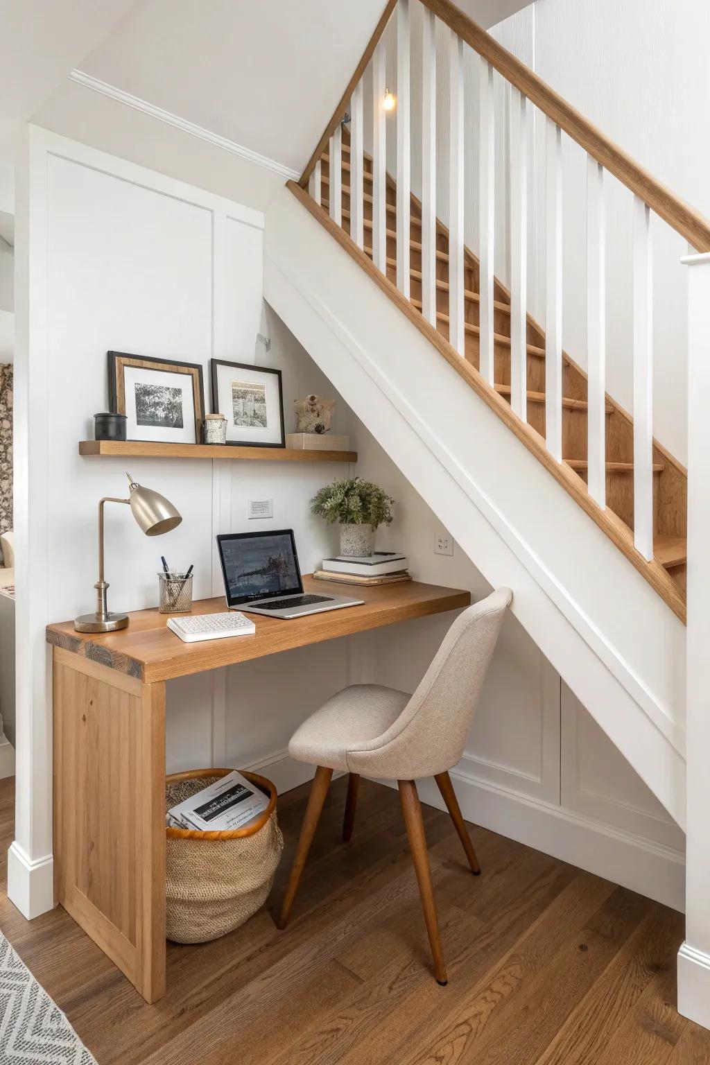 Slim under-stair desk nook with thick oak top—seamless stain match for a tidy workspace.
