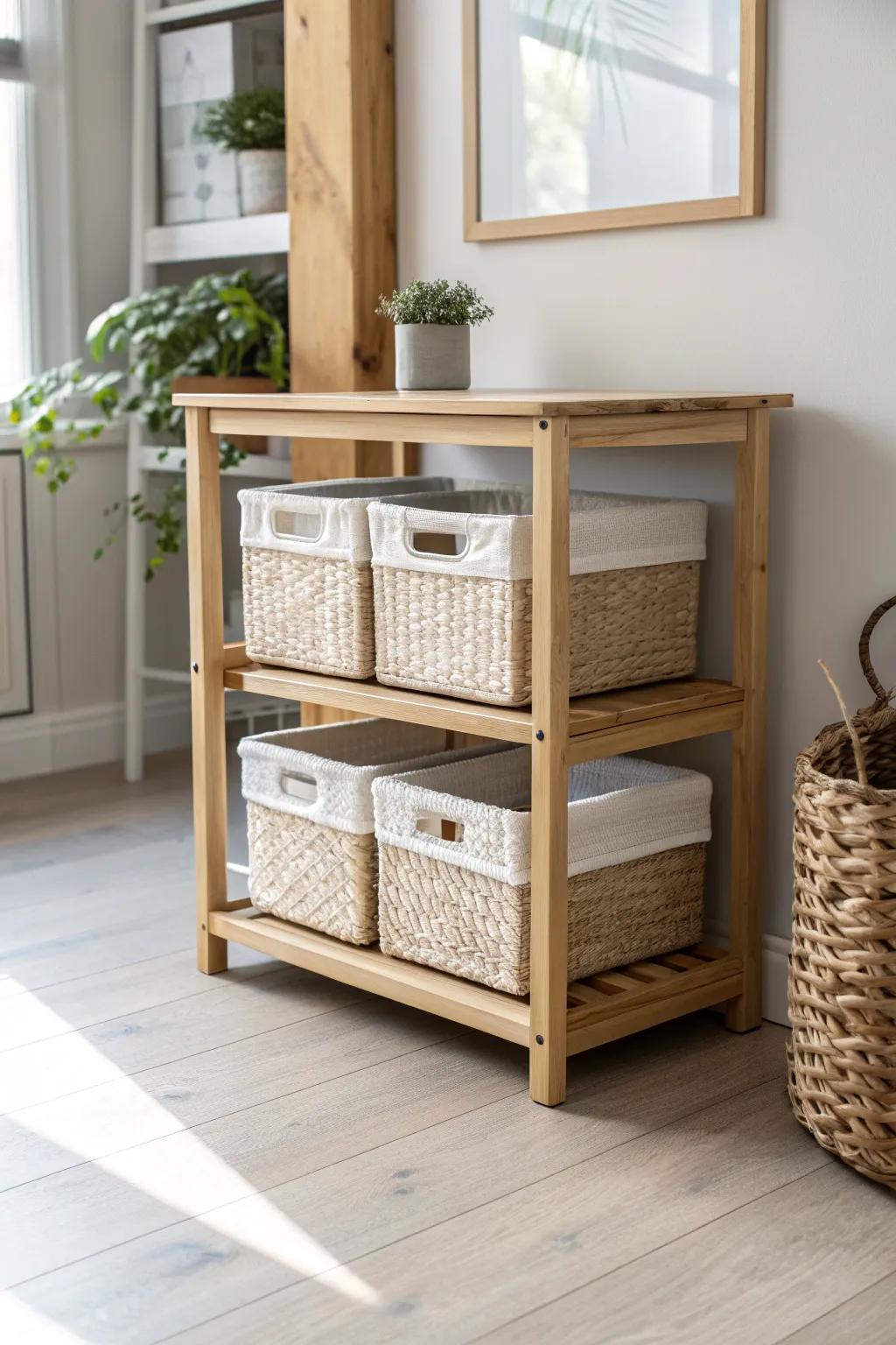 Low shelf + labeled stackable bins: a calm under-table storage setup for craft supplies.