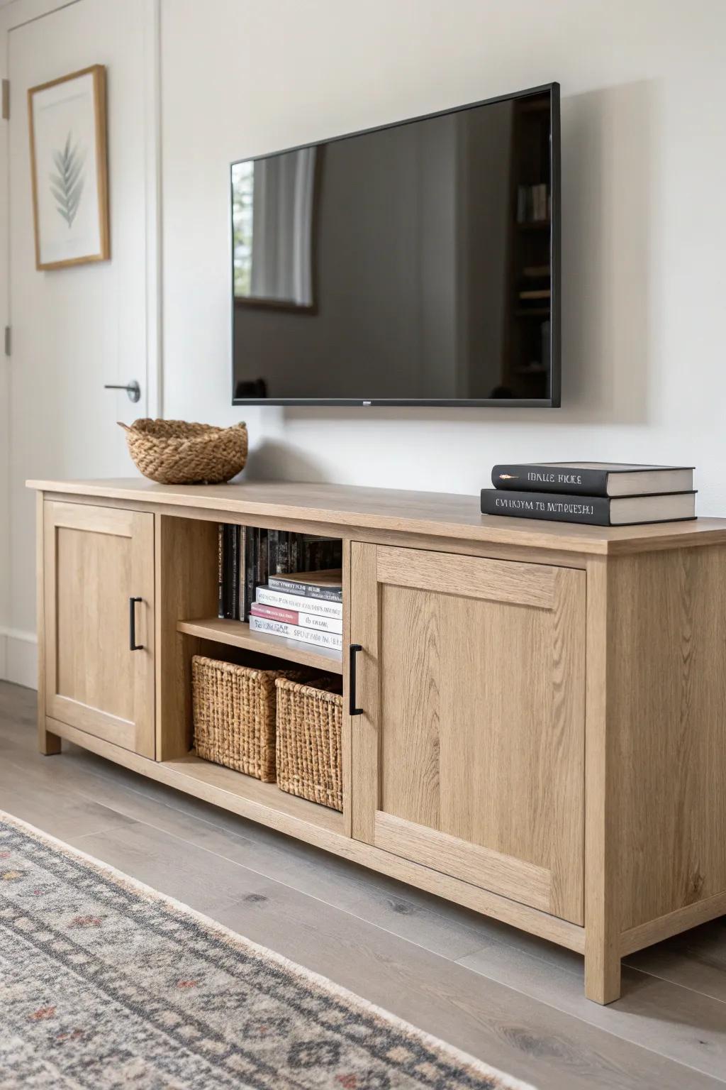 Custom built-in base cabinets under the TV—closed storage plus one open bay for styling.