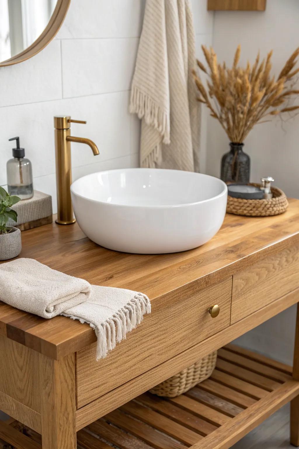 Chunky butcher-block top + vessel sink: boutique spa vibes with warm, sealed wood grain.