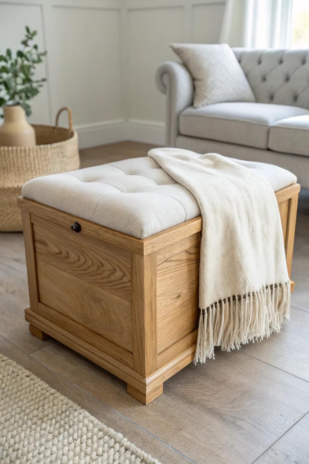 Tiny trunk ottoman: warm wood + linen upholstery, hidden storage with a handcrafted feel.