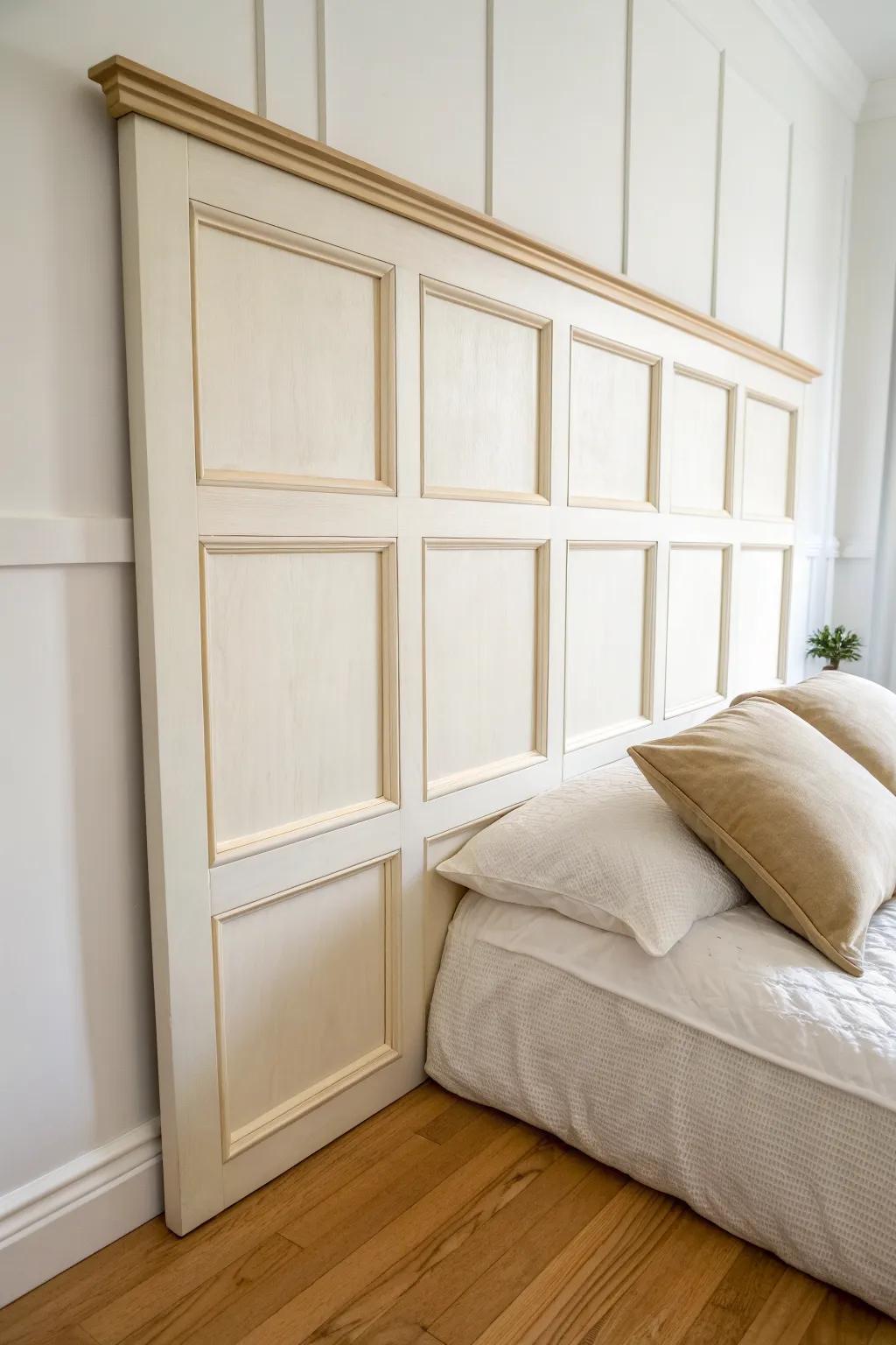 Picture-frame trim plywood headboard—clean paneled detail that looks custom, simple, and chic.